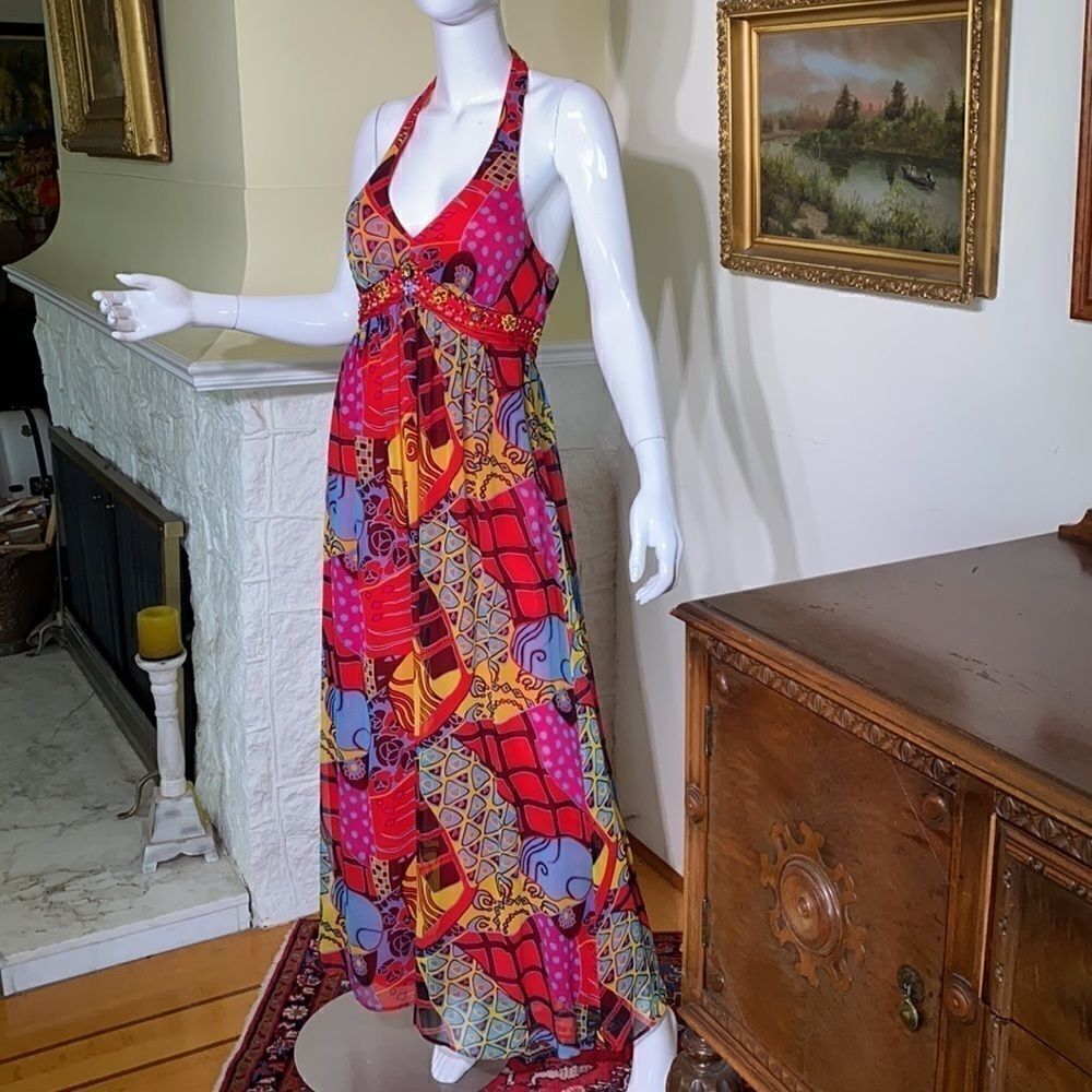 Sue Wong Beaded Printed Silk Chiffon Maxi Dress - Picture 5 of 15